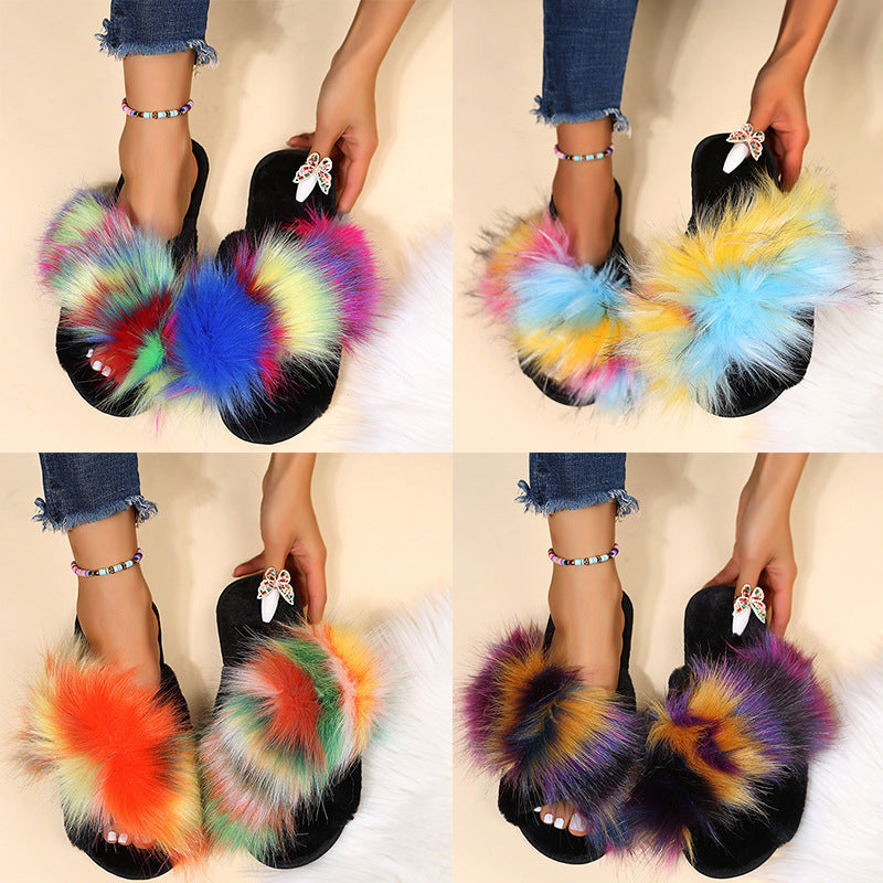 2024 new women's fuzzy clog slippers - cross-strap, flat, long-haired, warm, color-blocked, one-strap plush slippers for autumn/winter export