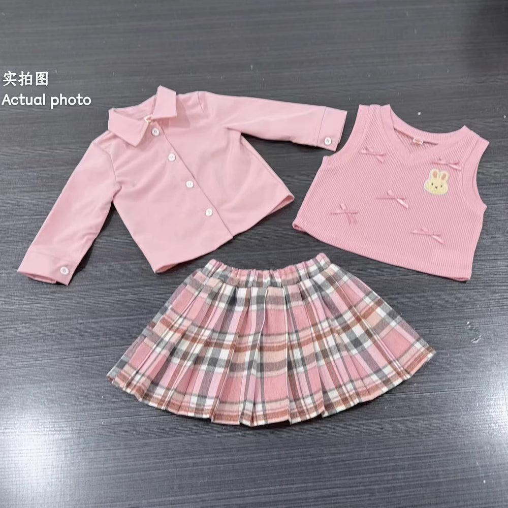 autumn newborn & toddler preppy style shirt, knit vest, and pleated plaid skirt three-piece set