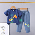 Kids' summer casual outfit: cartoon giraffe print t-shirt + denim shorts two-piece set - wholesale