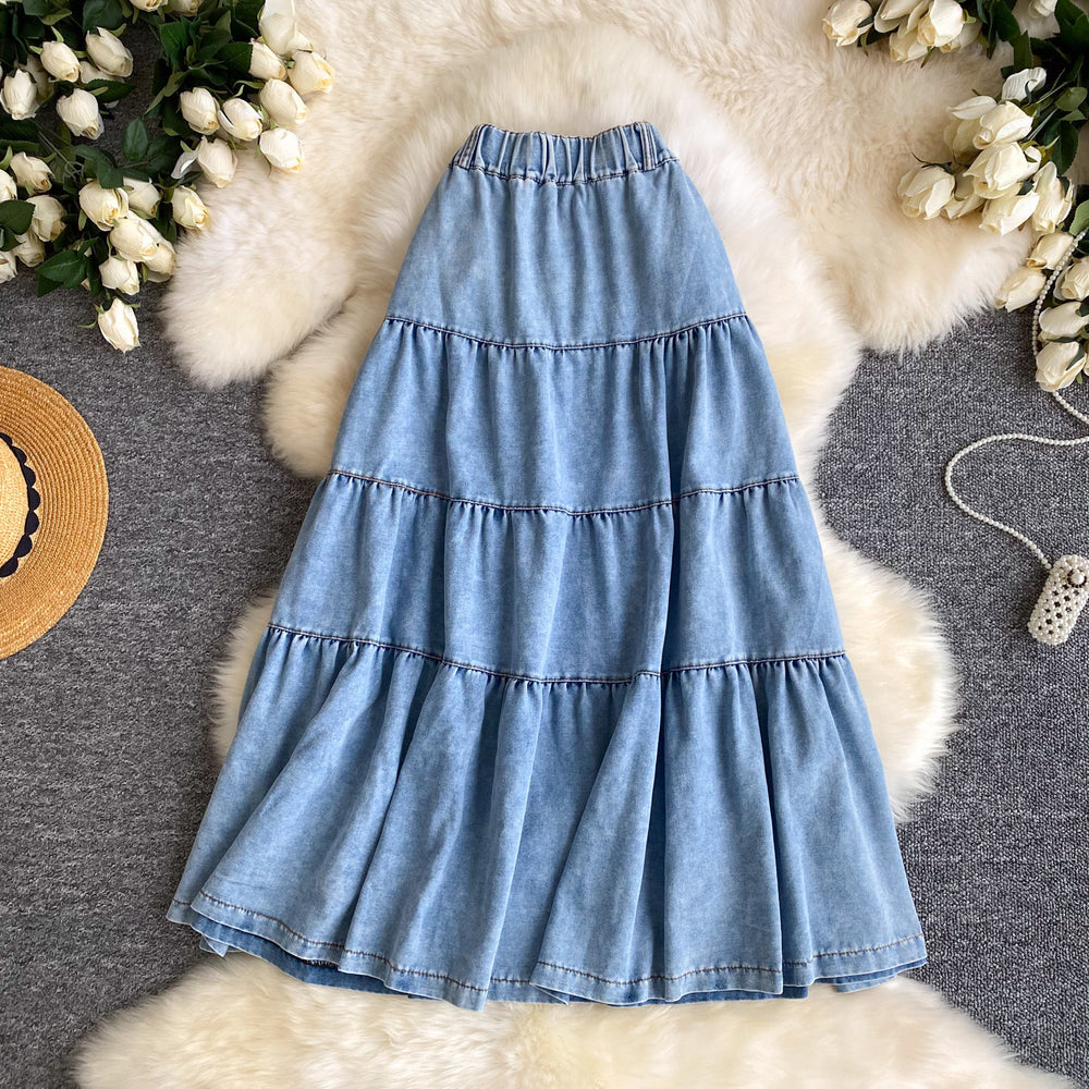 K-style denim a-line fashioneasiest for match skirt women's summerhigh waistslimming look elastic waist cake skirt long skirt work clothing