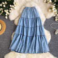 K-style denim a-line fashioneasiest for match skirt women's summerhigh waistslimming look elastic waist cake skirt long skirt work clothing