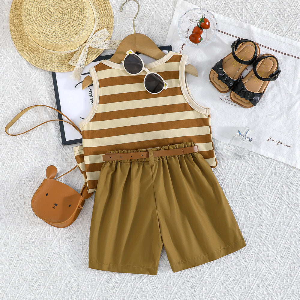 summer new arrivals: girls' striped trim tank top and casual shorts two-piece set - the perfect outfit for shopping!