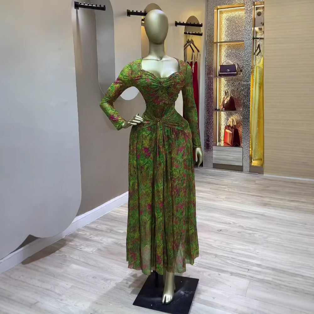European and american cross-border women's clothing:  summer new arrival - elegant square neck bandeau printed slim-fit maxi dress