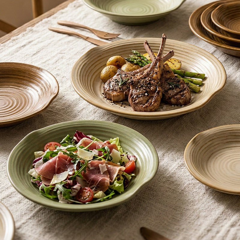 Japanese-style pasta plate, household salad plate, high-end restaurant ceramic tableware, retro straw hat bowl, light luxury western food plate