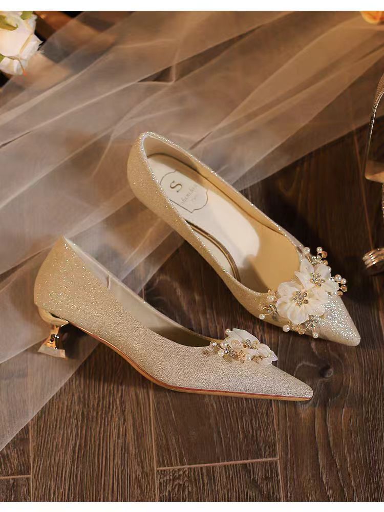 2025 new floral wedding shoes for women, pointed-toe stiletto heel, low-cut bridal shoes