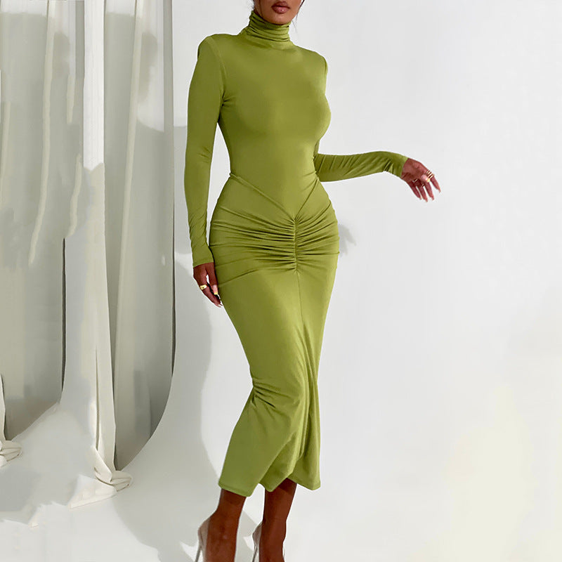 European and American  autumn and winter new semi-turtleneck long-sleeved dress fashionable sexy hot girl temperament tight long dress women