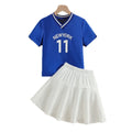 Girls' summer activewear set: blue v-neck digital print tee & white midi skirt - perfect for export