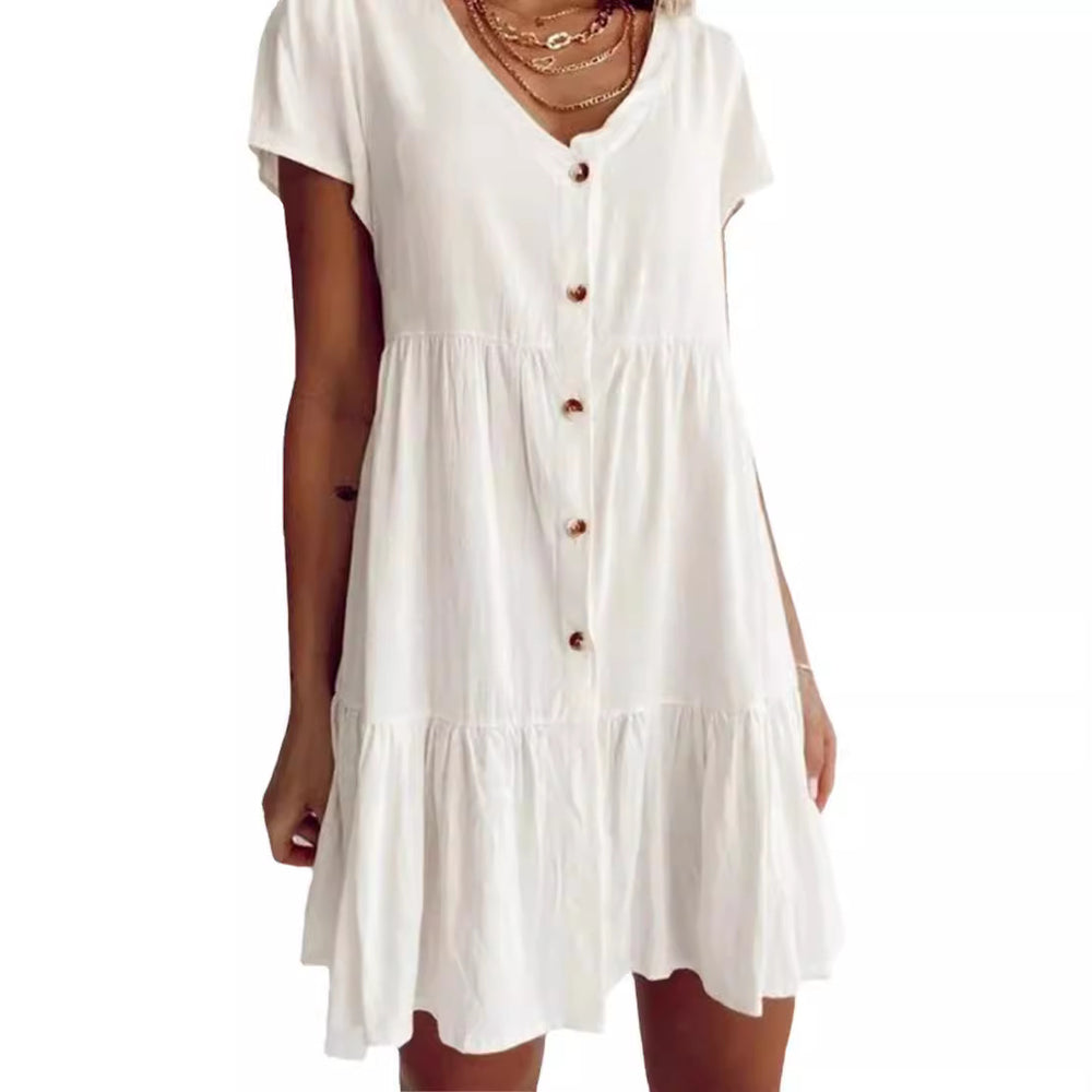 summer cotton linen white loose waist solid color short skirt slimming cotton dress