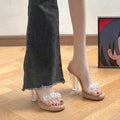 French rhinestone clear crystal heel sandals women's summer ankle strap chunky heel slippers high heel outdoor sandals
