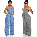 European and american style denim jumpsuit -  cross-border women's fashion hot girl bandeau multi-pocket cargo pants