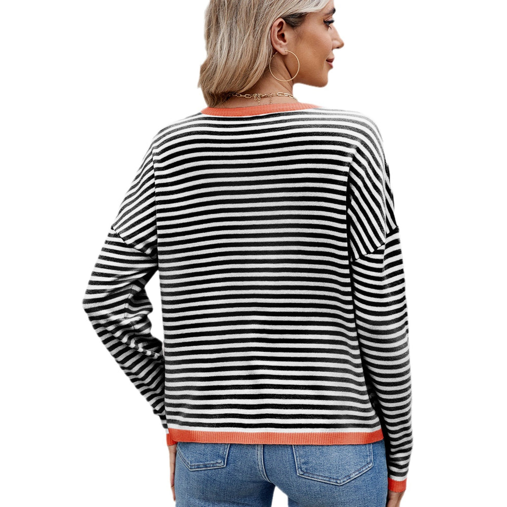 Fashion cross-border export women's clothing new arrivalcontrast color trim stripessweaterlooseeasiest for matchlong sleevesknittingpullovertops