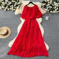 European and american fashion dress - women's french design with shawl sleeves, tie waist, elegant drape, pleated chiffon maxi dress