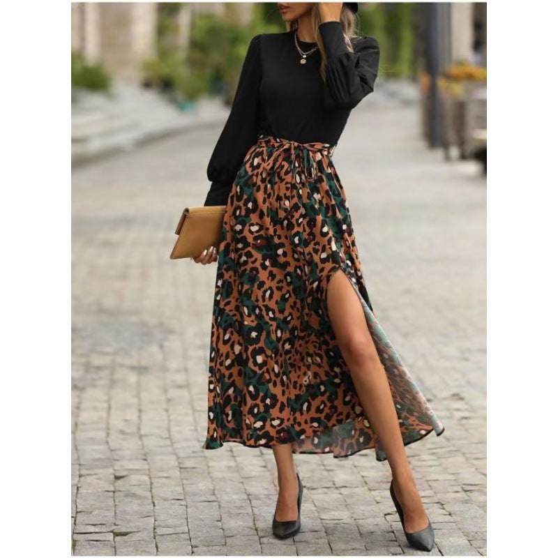 Shipped: cross-border, european and american summer new arrival - women's slim-fit, leopard print panel, slit long sleeve dress