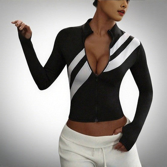 Pre-sale black and white contrasting color stand-up collar full zipper sports jacket women's oblique striped short waist thumb hole long-sleeved top