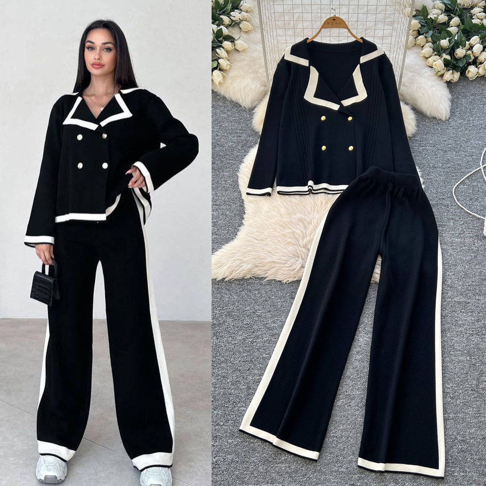 Fall and winter tweed style suit collar double-breasted long sleevesknittingtopshigh waistcontrast colorloose pants sweatertwo-piece set