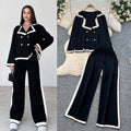 Fall and winter tweed style suit collar double-breasted long sleevesknittingtopshigh waistcontrast colorloose pants sweatertwo-piece set