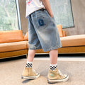 K-style loosekids denim half length pants summer breathable distressed washed shorts boys embroiderpocket white trendy