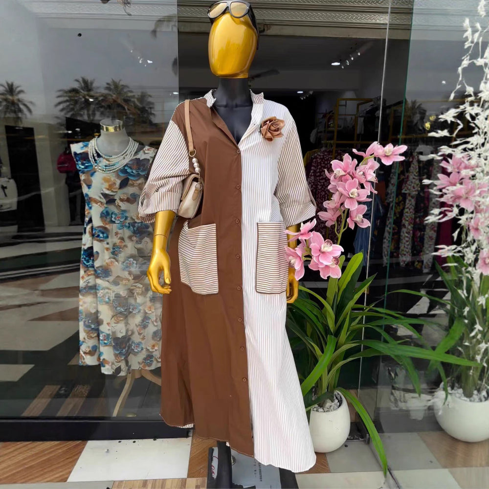 European and american cross-border women's fashion:  summer new arrival - stylish turn-down collar, loose fit, striped color block, large pocket shirt dress