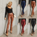 Wish  sexy pu leather pants, european and american classic high-waisted stretch flare leggings, women's slit long pants, plus size