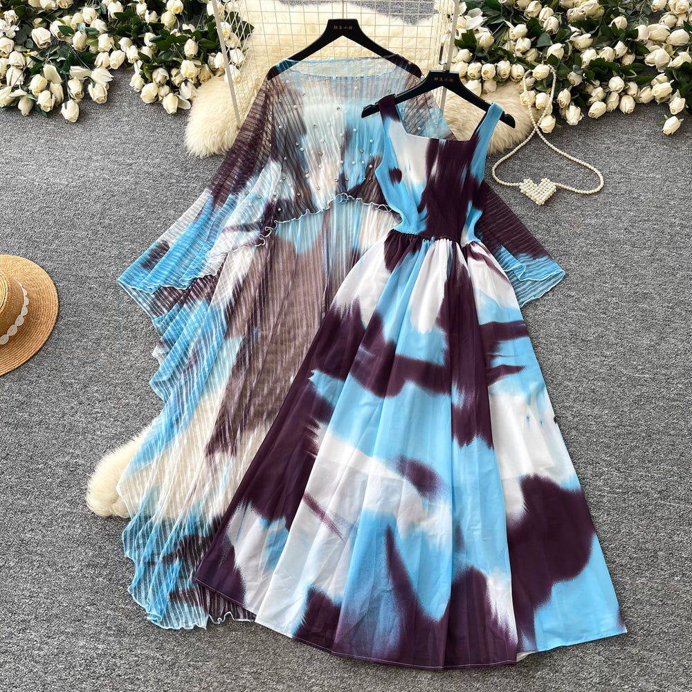 French riviera style printed dress - women's three-quarter sleeve, slim-fit, two-piece summer set with beaded detailing - elegant & professional