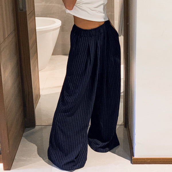 Lazy wind retro striped navy blue loose wide-leg pants women's design sense versatile high waist casual drape pants