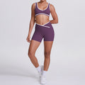 double-sided brushed contrast color tight breathable cross-waist yoga suit sports running fitness two-piece set for women
