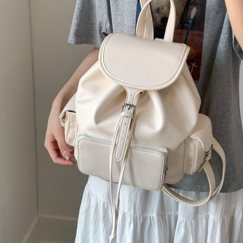 Simple and fashionable soft leather backpack bag 2025 summer new large-capacity backpack college student drawstring schoolbag women's bag