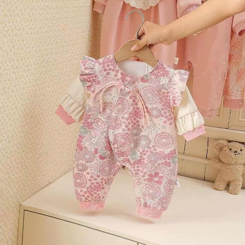 Baby newborn onesie clothes spring & fall romper baby 100-day double layer full month first birthday chinese style dress national style