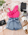 new cross-border fashion: european and american summer girls' one-shoulder cami top + denim butterfly shorts three-piece set