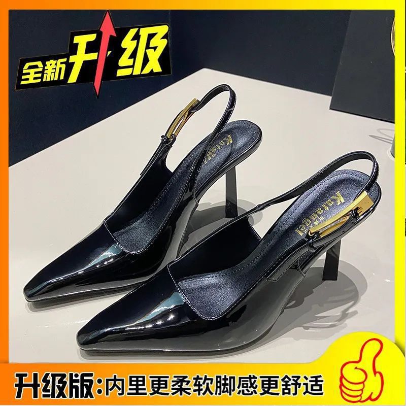 Back strap high heels for women 2024 metal stiletto small square toe one-word buckle sexy black patent leather toe sandals