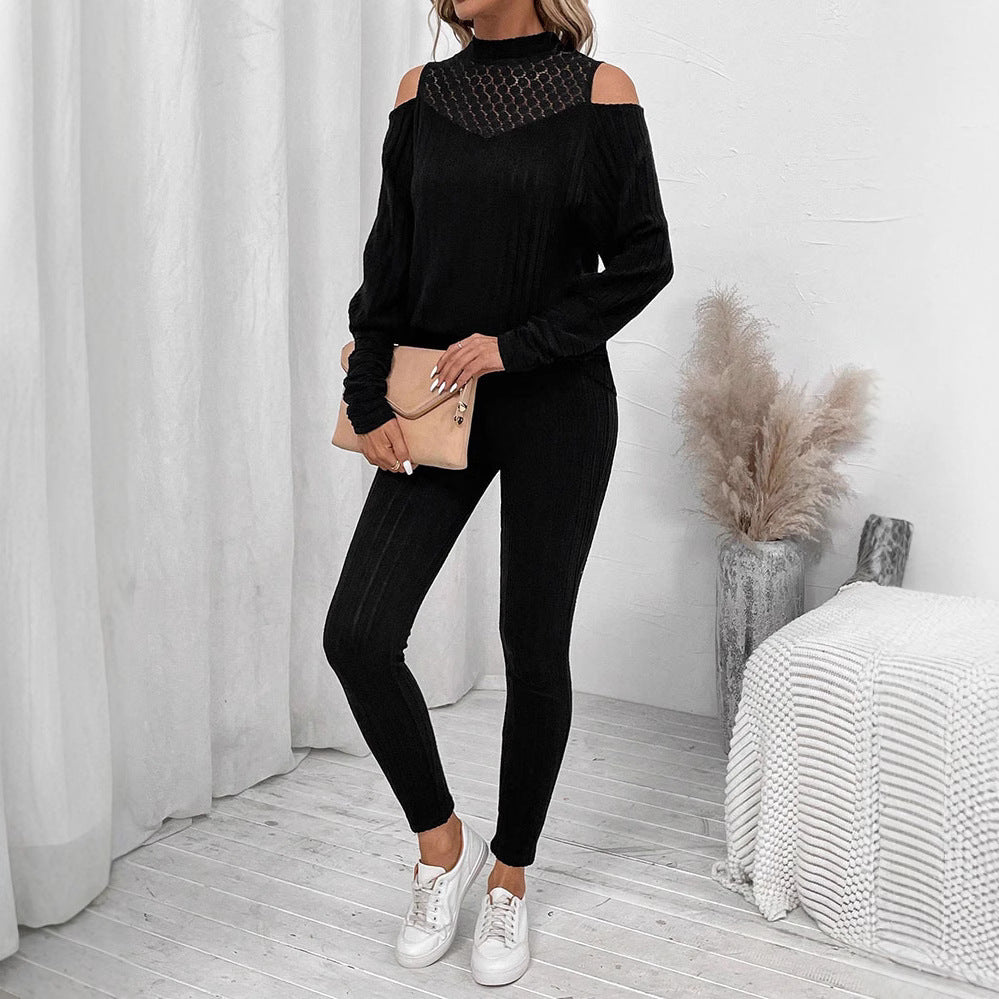 Amazon cross-border fashion set: european and american style, casual off-shoulder long sleeve top and pants two-piece set with cutout detail