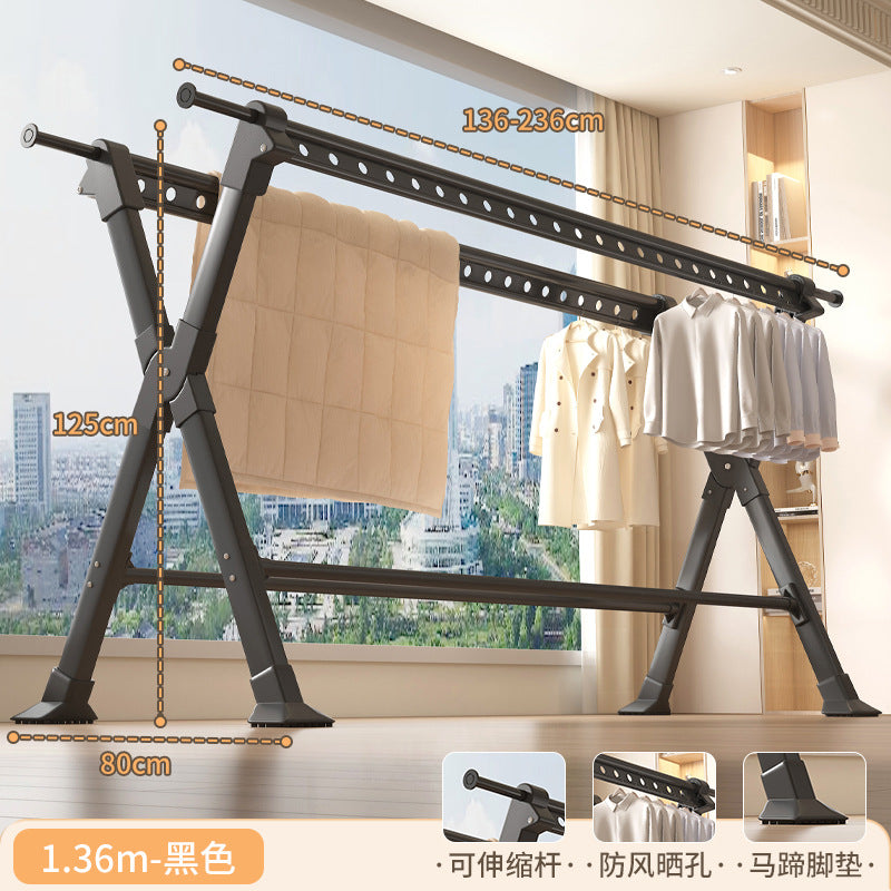 Foldable clothes drying rack - floor standing, indoor/outdoor use - aluminum alloy, extendable rod, perfect for balconies, bedrooms, and outdoor use - quilt drying solution
