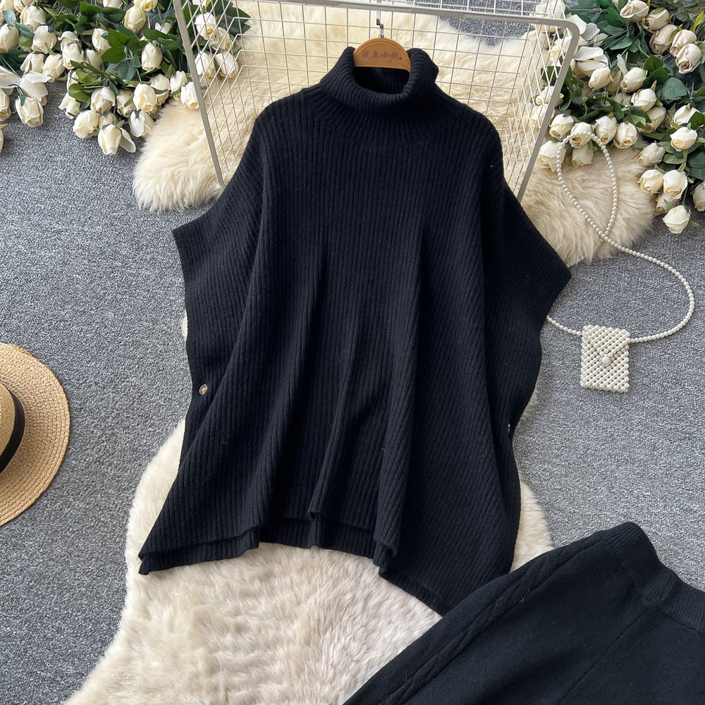 Lazy style knittingtwo-piece set for women autumhigh collartopsloose pants silmslimming looksweaterwork clothingsuit