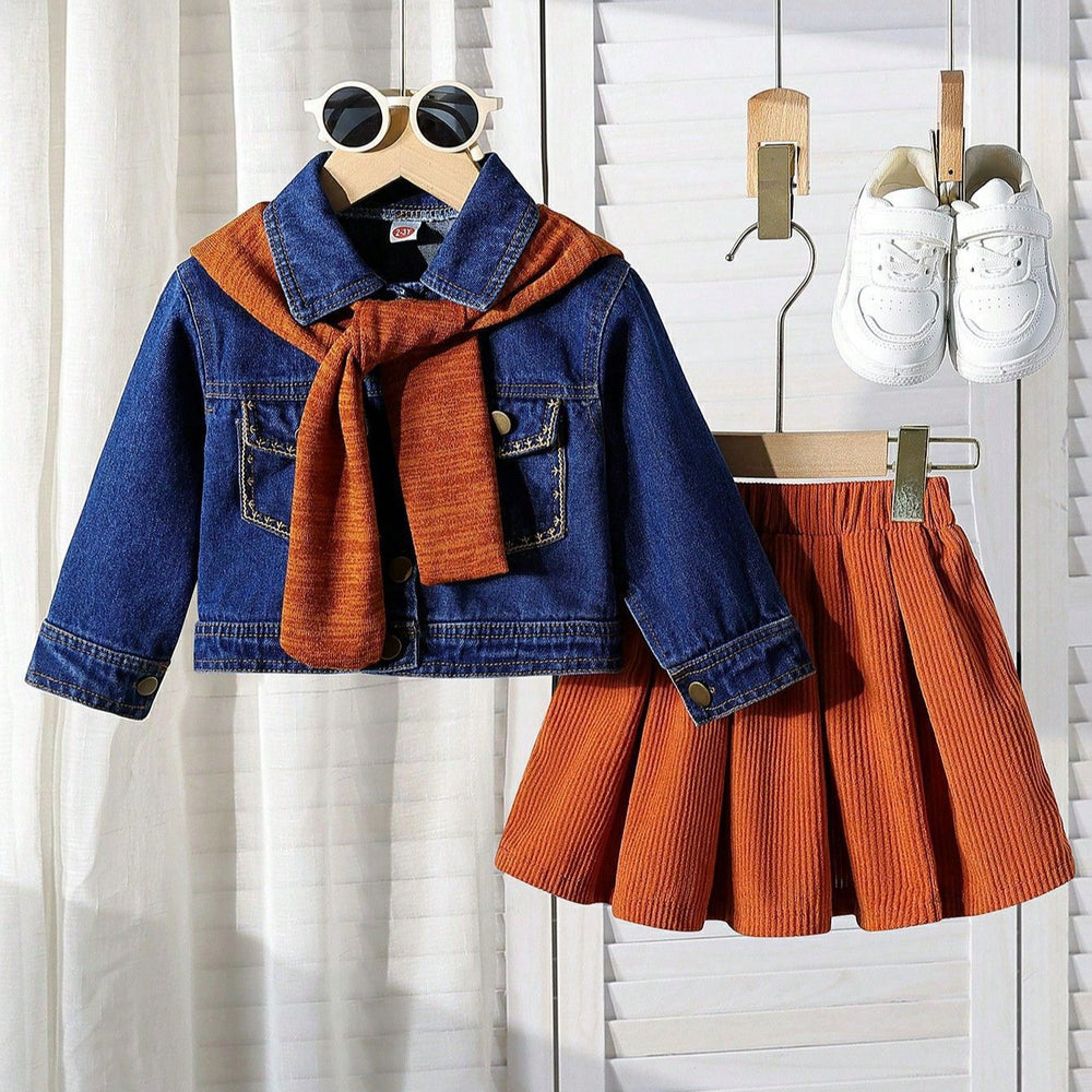 early spring/autumn new denim jacket with knitted shawl, kids' high-waisted cropped denim set