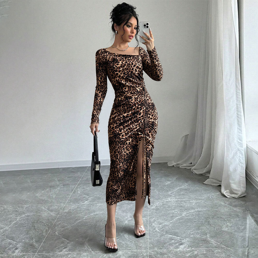 Shein independent station  women's clothing European and American sweet and spicy style leopard print dress autumn and winter sexy babes slit dress