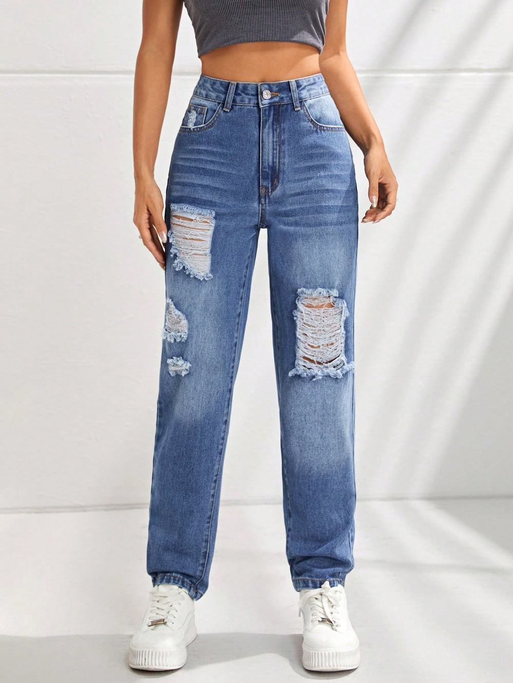 Pre-sale-15065# cross-border fashion casual slimming look ripped straight jeans pants for men and women