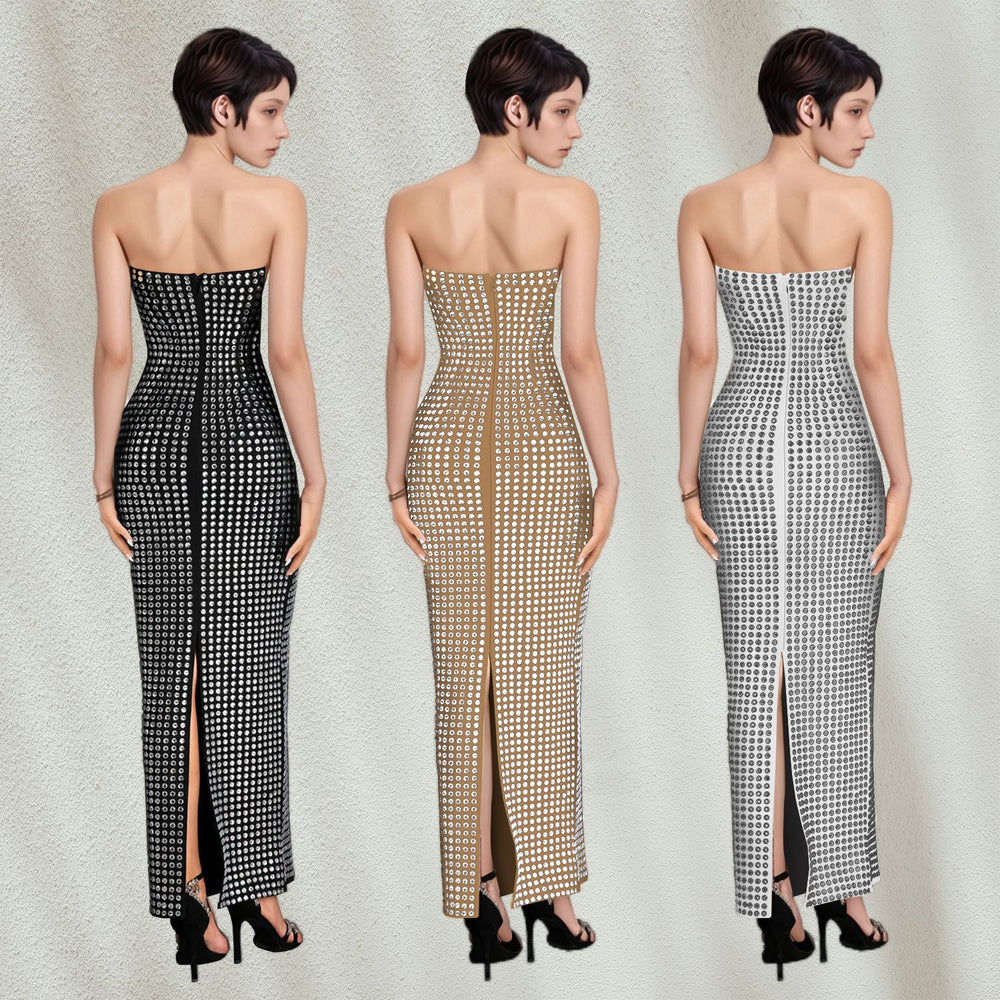 C7162 cross-border   fashion women's off-shoulder rhinestone bodycon slit bodycon dress