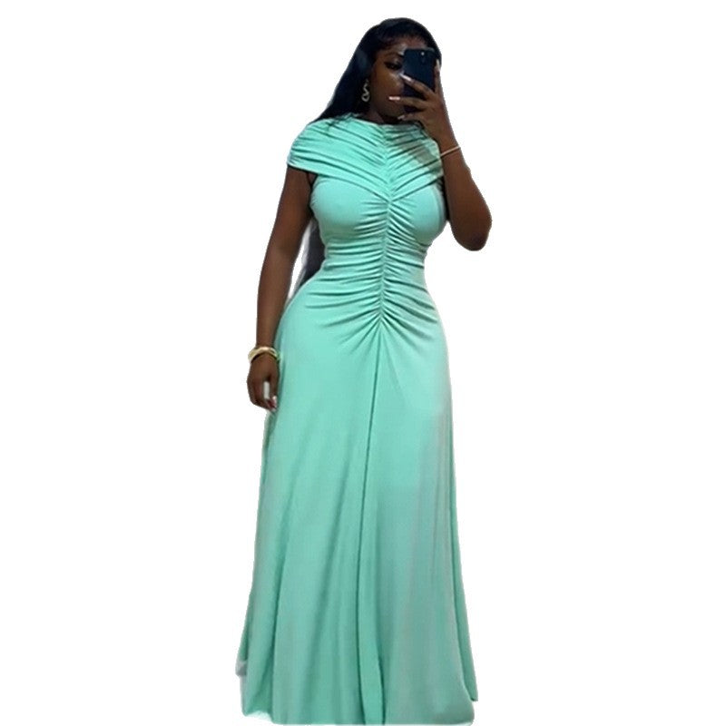 European and american women's clothing  autumn new collection: sweet and fresh semi-high neck short sleeve high-waisted slimming maxi dress