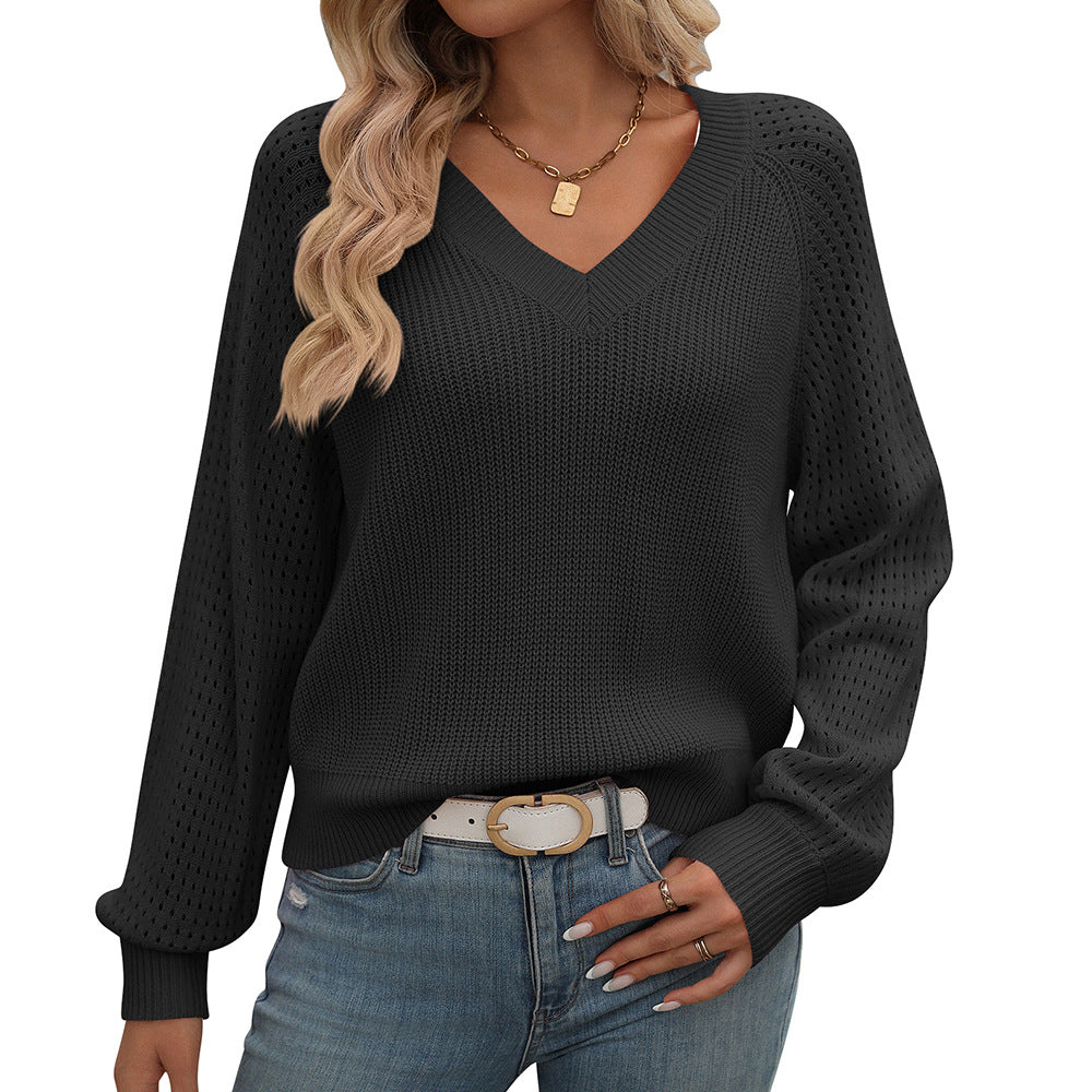 Cross-border European and American  women's clothing 2024 autumn and winter new models,  hollow V-neck long-sleeved fashion sweater women