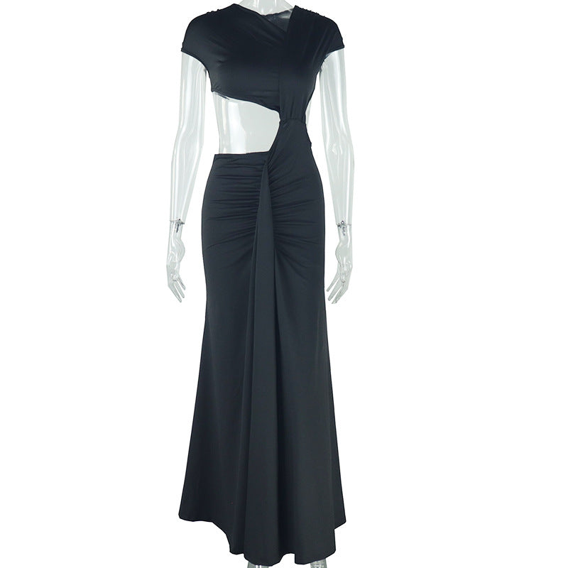 European and american style ins foreign trade women's fashion solid color dress - asymmetrical neck sleeveless ribbon fish tail elegant dress