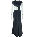 European and american style ins foreign trade women's fashion solid color dress - asymmetrical neck sleeveless ribbon fish tail elegant dress