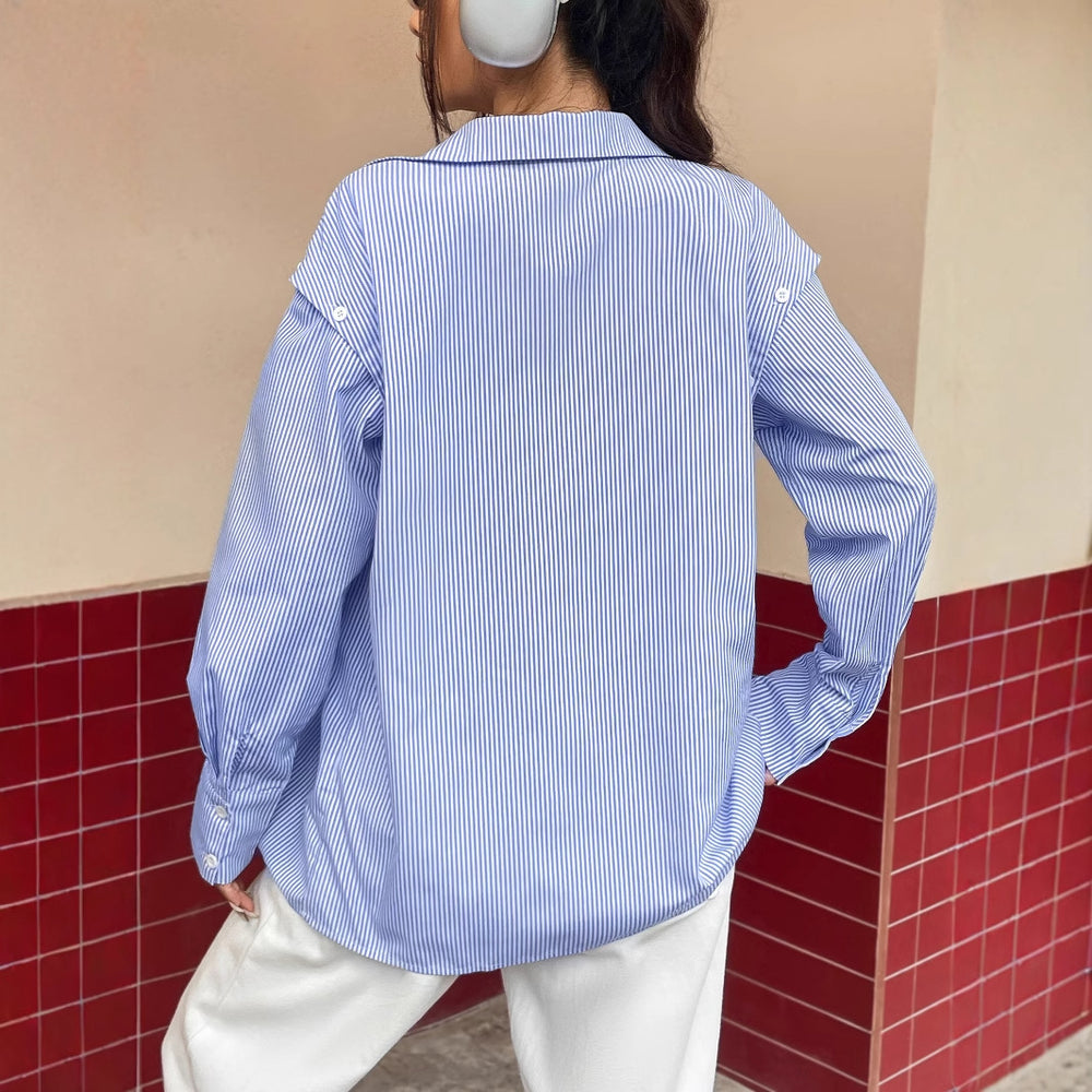 Pre-sale 53162#  cross-border women's fashion ins versatile casual silm detachable sleeve stripesd shirt