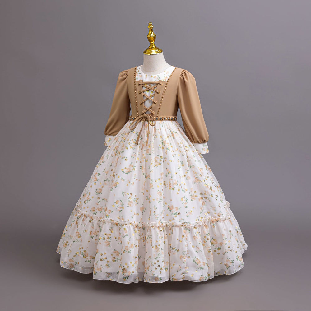 Ready-to-ship new chiffon dress long sleeve floral print princess dress girls' piano performance dress flower girl dress