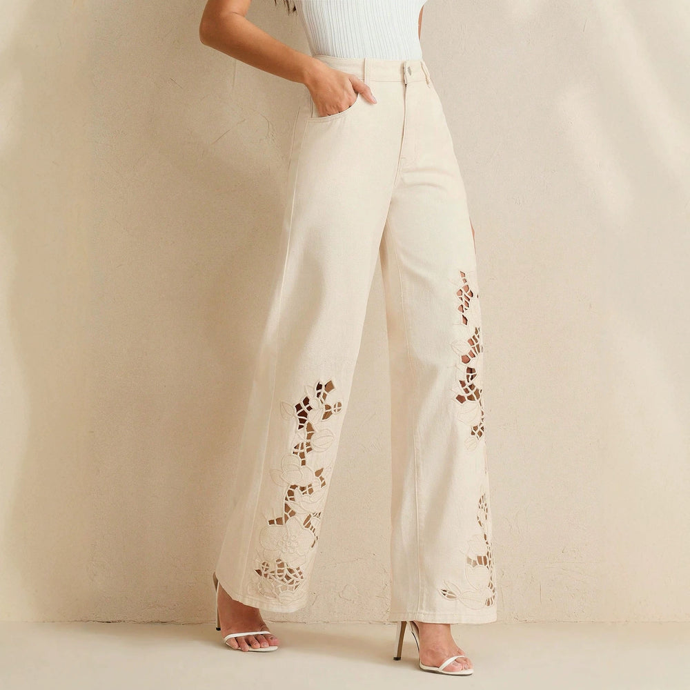 Off-white hollow-out embroidered wide-leg jeans - women's high-waisted slimming straight-leg denim pants - premium quality for cross-border e-commerce