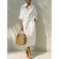european and american cross-border new arrival: solid color long-sleeve shirt collar dress