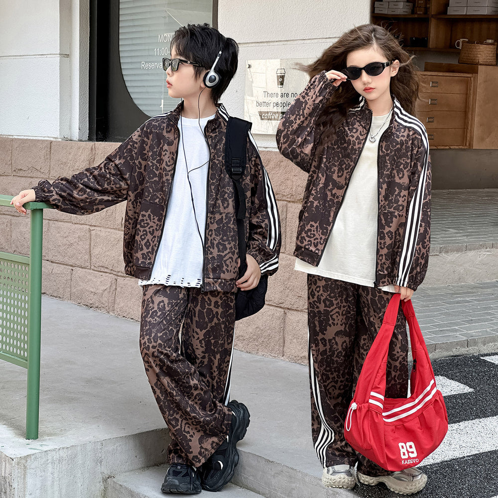 Boys' and girls'  new fashion leopard print spring/autumn casual set - trendy cardigan two-piece outfit for older kids