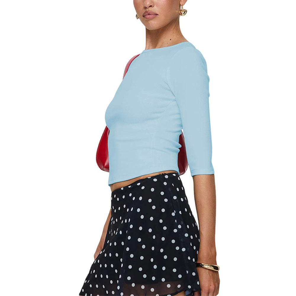 Exportfashion style korean style light blue silm three-quarter sleeves spring and summer new arrivalpure colorsweetcrop toptops for women
