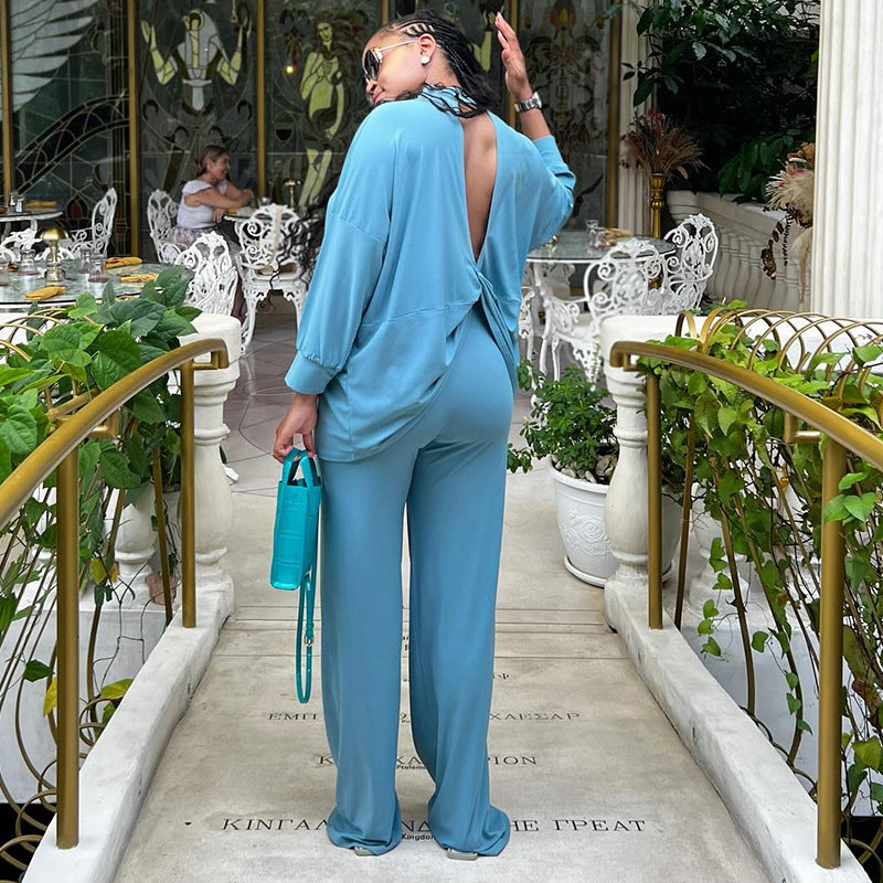 European and american cross-border african women's fashion  autumn new collection solid color casual open-back long sleeve shirt and wide-leg pants set
