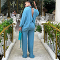European and american cross-border african women's fashion  autumn new collection solid color casual open-back long sleeve shirt and wide-leg pants set