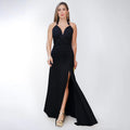 C7552 cross-border   fashion women's elegant solid color sexy v-neck slit dress